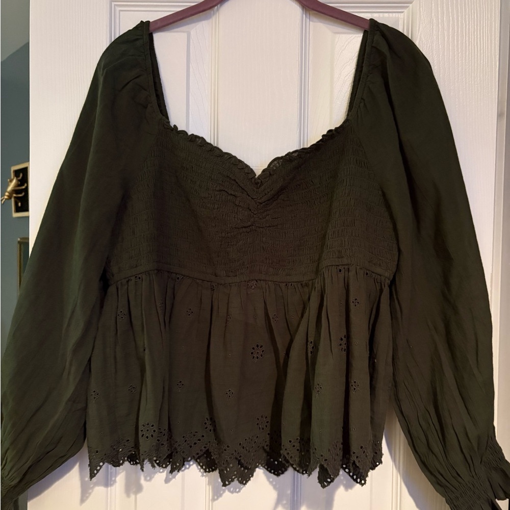 American Eagle Outfitters Olive Blouse with Eyelet Hem